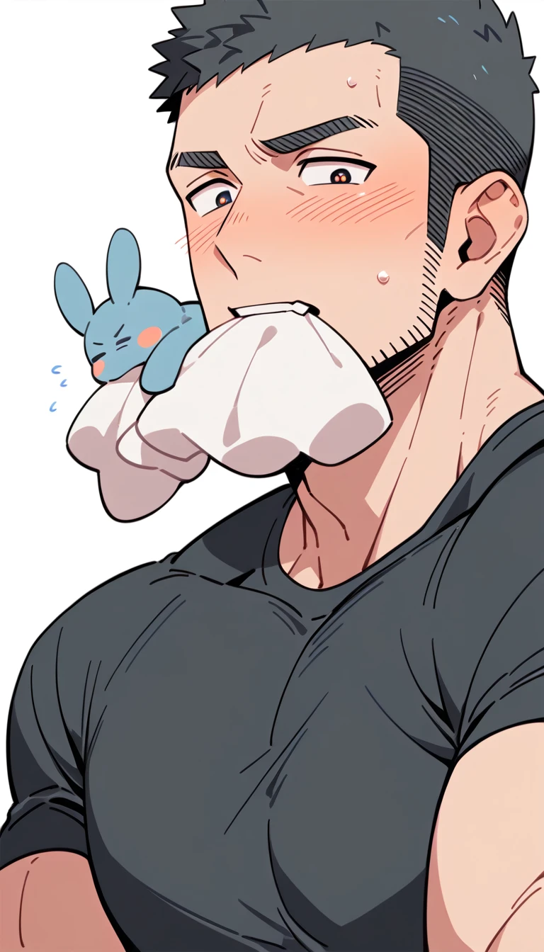 anime characters:Priapus, Muscle Sports Student, Buzz Cut, Manliness, male focus, Dark black tight T-shirt, Very tight, Sweat soaks clothes, full and perky chest muscles, muscular male, muscular, only, Upper body, Perfect muscular waist, alone, Black short hair, Thick eyebrows, stubble, Brown-red pupils, White background, simple background, amazing quality, best aesthetics, Ridiculous, crew cut, blush, mouth hold, Biting a white cotton towel in the mouth, embarrassed, shy, endured face, negative space, best quality