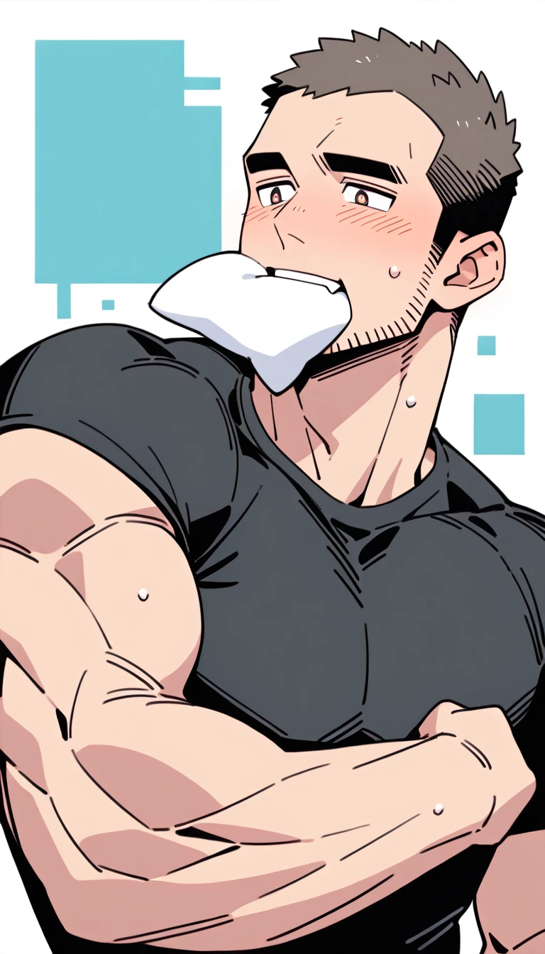 anime characters:Priapus, Muscle Sports Student, Buzz Cut, Manliness, male focus, Dark black tight T-shirt, Very tight, Sweat soaks clothes, full and perky chest muscles, muscular male, muscular, only, Upper body, Perfect muscular waist, alone, Black short hair, Thick eyebrows, stubble, Brown-red pupils, White background, simple background, amazing quality, best aesthetics, Ridiculous, crew cut, blush, mouth hold, Biting a white cotton towel in the mouth, embarrassed, shy, endured face, negative space, best quality