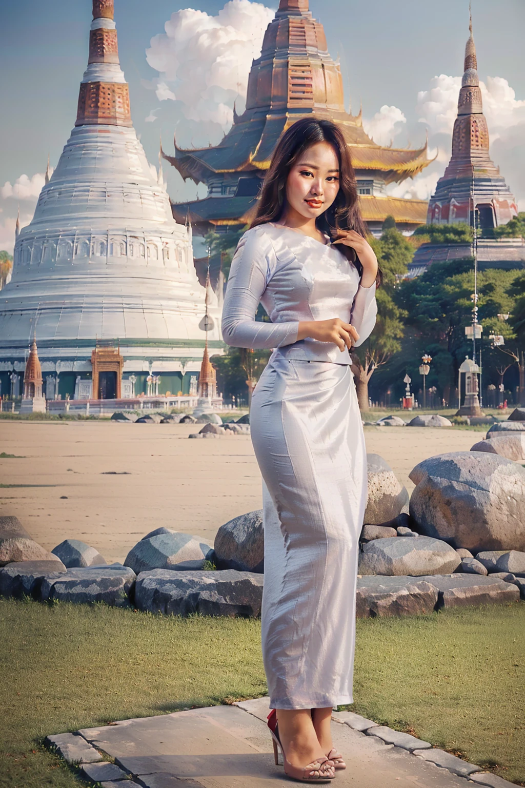 arafed asian woman in a satin dress standing in front of a crowd, (((full body view:2))), ((pretty lady MoonLay:1.2)), (pretty lady MoonLay), ((((pretty lady MoonLay's innocent cute face and cute small smile:1.3)))), (random other girls), ((wearing Myanmar traditional elegant and stylish affair:1.2)), ((white top and red bottom satin dress color:1.5)), blue stiletto high heel, south east asian with square face, traditional beauty, beautiful asian girl, anime thai girl, a young beautiful asian woman, (((photorealistic background))), ((in a park with Myanmar temple and pagoda at far background:1.5)), (((realistic sky and cloud:1.3))), (cinematic enhance HDR portrait lighting, perfect anatomy, cannon mark v, DSLR quality, (perfect anatomy).