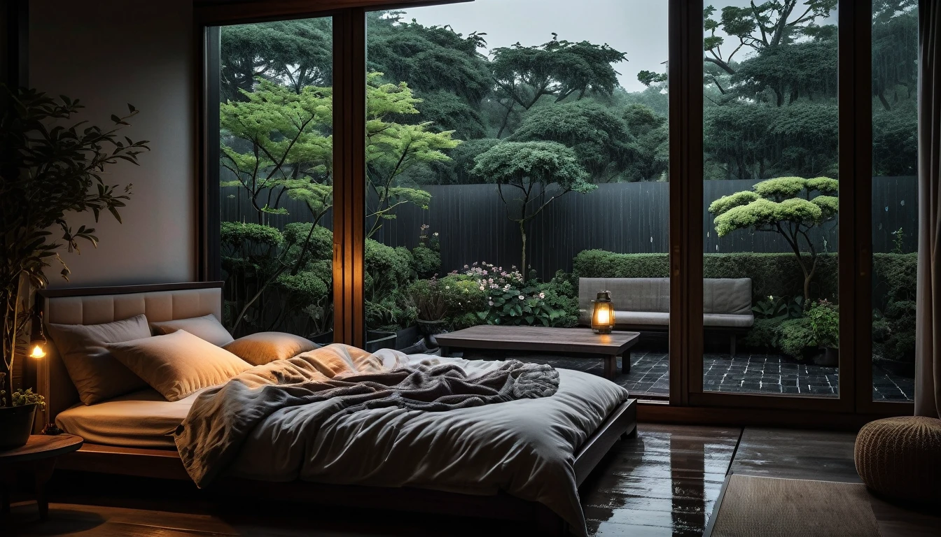The picture shows a cozy gloomy bedroom, with a large window offering a view of a beautiful, dimly lit garden AND a garden soaked in FLOWERS, the cobblestones of the Japanese house concept. CINEMATIC, JAPANESE HOUSE, the shape of a Japanese house, and lots of flower gardens in the garden. The bed was unmade with rumpled sheets, indicating only a light sleep. the room is dark, gloomy, looks dim, gloomy. Beside the bed there is a small table with a classic lamp that radiates warm light into the room. Outside the window you can see the lush greenery of the terrace or balcony area, the rain is falling, the lamp on the left provides warm lighting, creating a calm and peaceful atmosphere. with fog obscuring part of the view in the distance. The contrast between the warmth indoors and the rain outdoors creates an inviting and calming atmosphere