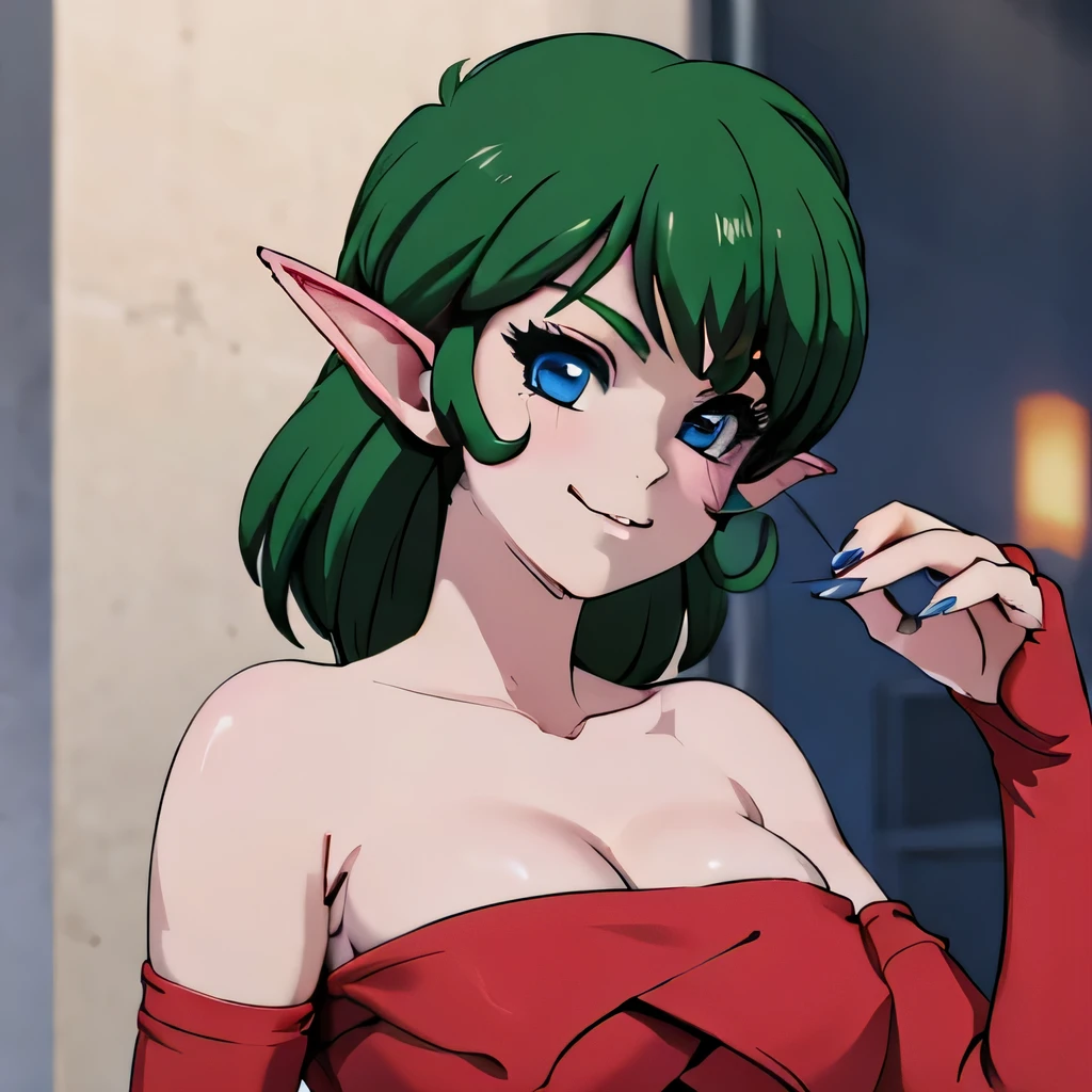  ((masterpiece,best quality,ultra-delicate,Perfect Face,16k,high resolution,very beautiful girl)),medium short green hair,Red strapless bodycon tube dress ,Red long arm sleeves,red high heels,Elf Girl,large Breasts,blue eyes,Beautiful smile,20 years old