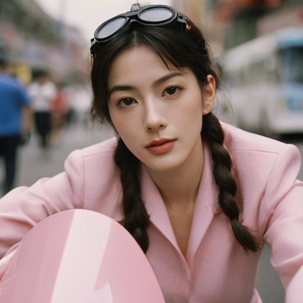 close up:Portrait of beautiful young face of Korean girl, Retro-futurism, Stills, ((Solitary)), (Anne Hathaway looks like face: 0.9), Wearing big goggles :: Driving a Yamaha R3 150 Pink Dragon motorcycle,Driving in the city of the future, Giggles, It's fast, Shining future fashion, Bright pastel colors, Leica SL3, Summicron-SL 75 f/2 ASPH, Kodak Gold 200 Film, Bare shoulders, Dynamic action poses,