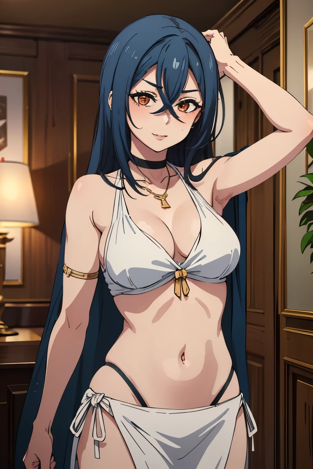 natomically correct, best quality, masterpiece, high quality, high details, highres, HD, black hair, long hair, hair ornament, purple eyes, breasts, epic art, fantasy, breasts, solo, (shaded face:1.2), hollow eyes, purple eyes, looking at viewer, lips, makeup, blush face, steaming face, seductive smile, beauty mark, looking at viewer, huge breasts, sagging breasts, sweating, nyotengu, crotch cutout, crotchless, no panties, pussy,