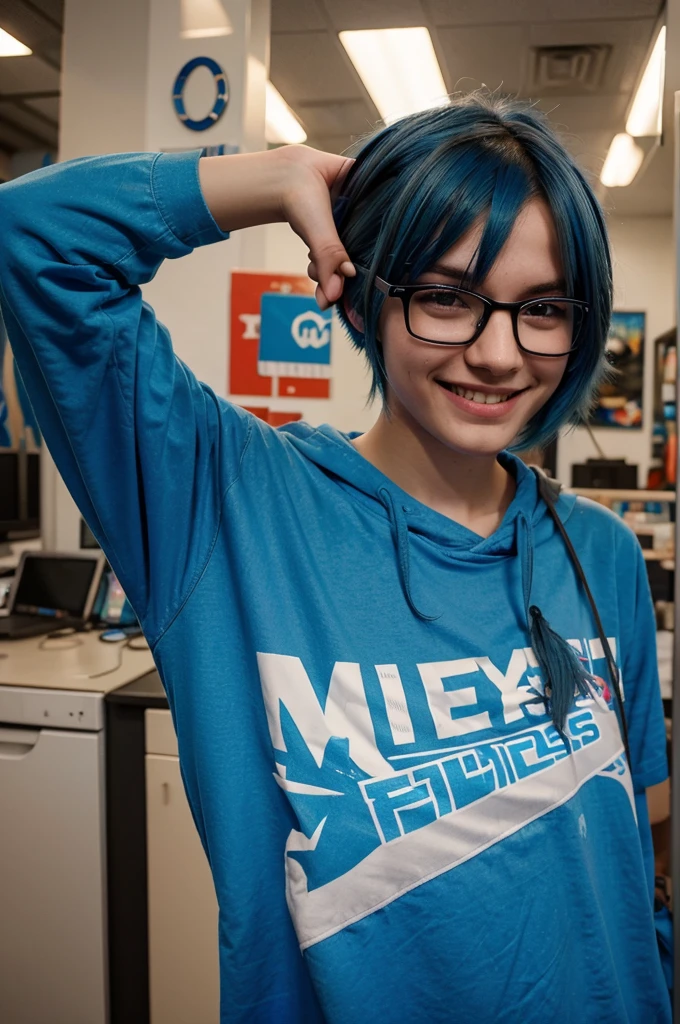 Slim, glasses, dyed blue hair, quirky, casual, fun-loving, gamer, nerdy, smiling, full color, real teen 18 years old, 4k