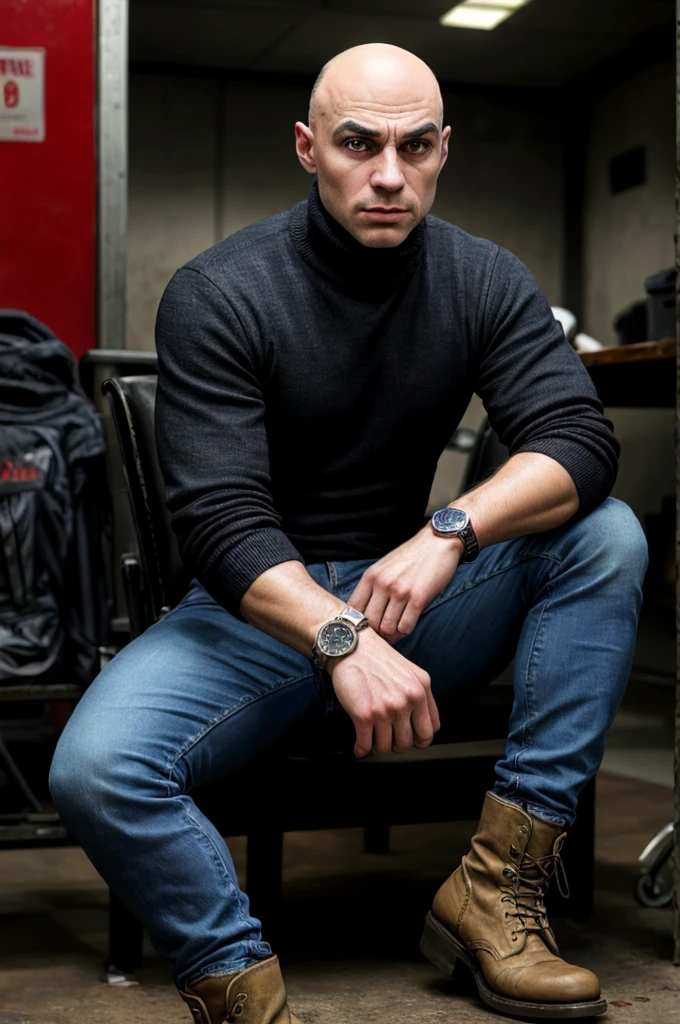 muscular bald man, sitting in clubhouse, fitted turtleneck, jeans, boots, watch, lively atmosphere, hyper realistic, 8k, high quality, photorealistic, detailed facial features, sharp focus, studio lighting, realistic skin texture, vivid colors, dramatic lighting, moody atmosphere, concept art style