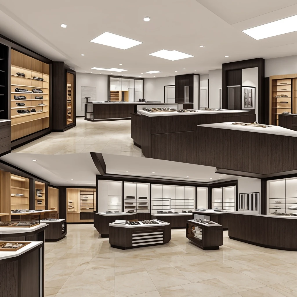 Drawing of the inside of a jewelry store with gray walls and a black counter