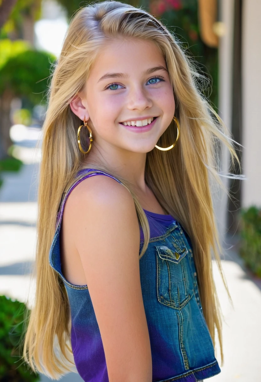 Cool, beautiful, gorgeous *********** girl, long blonde hair, wearing purple top, denim shorts, gold hoop earrings, blue-green eyes, smiling, in Beverly Hills, perfect face