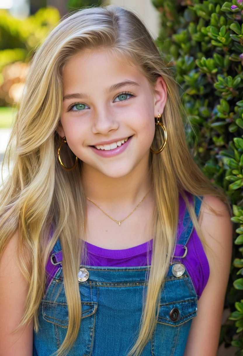 Cool, beautiful, gorgeous 13 year old girl, long blonde hair, wearing purple top, denim shorts, gold hoop earrings, blue-green eyes, smiling, in Beverly Hills, perfect face
