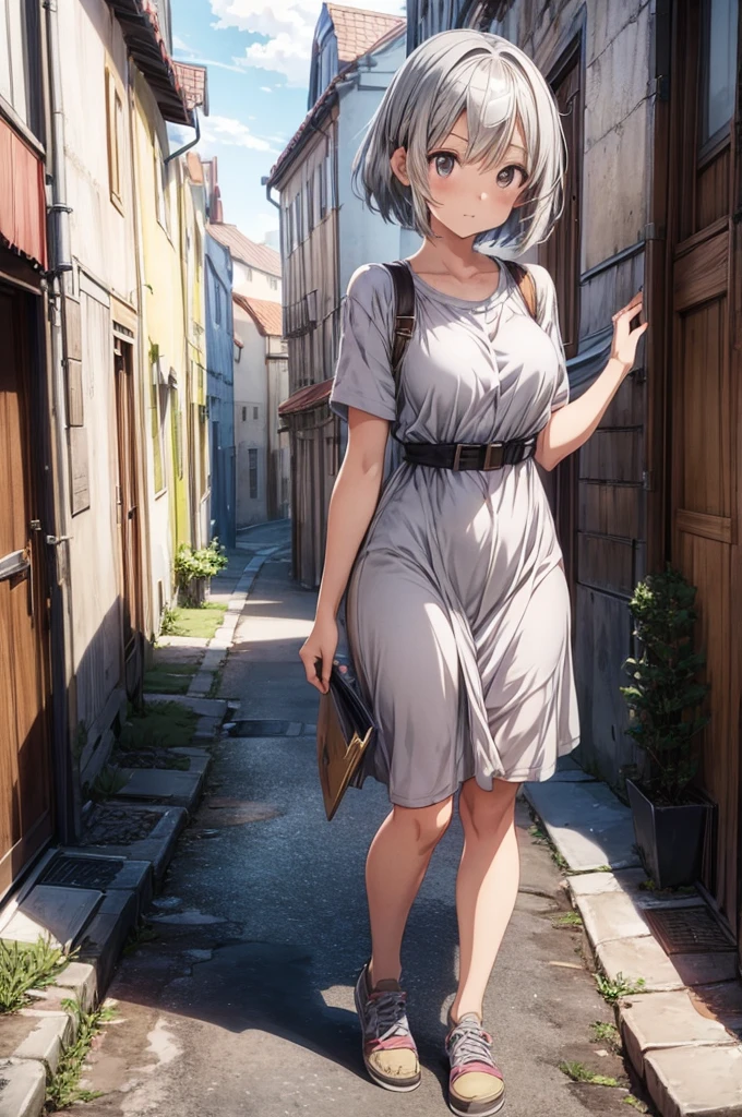 "1girl, (anime coloring:1.2), anime scene, short hair, silver hair, Maxi one-piece dress, Light brown color, Simple shoes, standing, Medieval town, full body,"