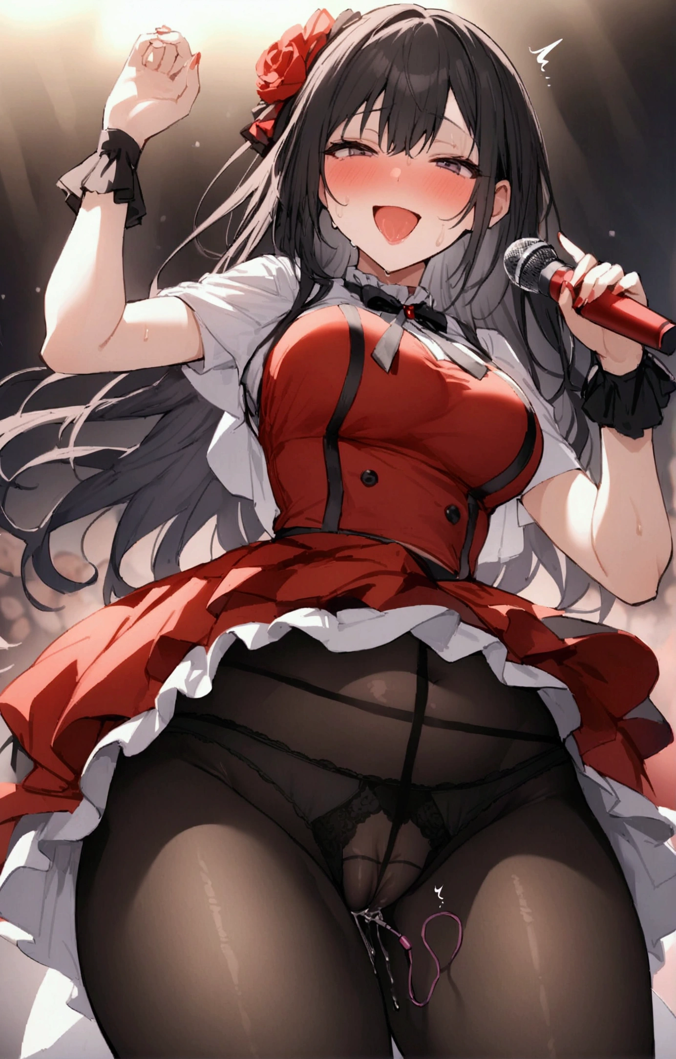 One Woman、Idol、Idolの服装、AKB's clothing、Live Performance Venues、Large crowd、beautiful girl, Highest quality, smile, Black hose, pantir pantyhose、Thhighs、Big 、Big Ass、Black Hair、Swy pantyhose、Angle fromctly below、Sweaty crotch、Intense dancing、dance、Microphone in one hand、A vibrator in one hand、Orgasmic face、Face of ecse juice、Trembling