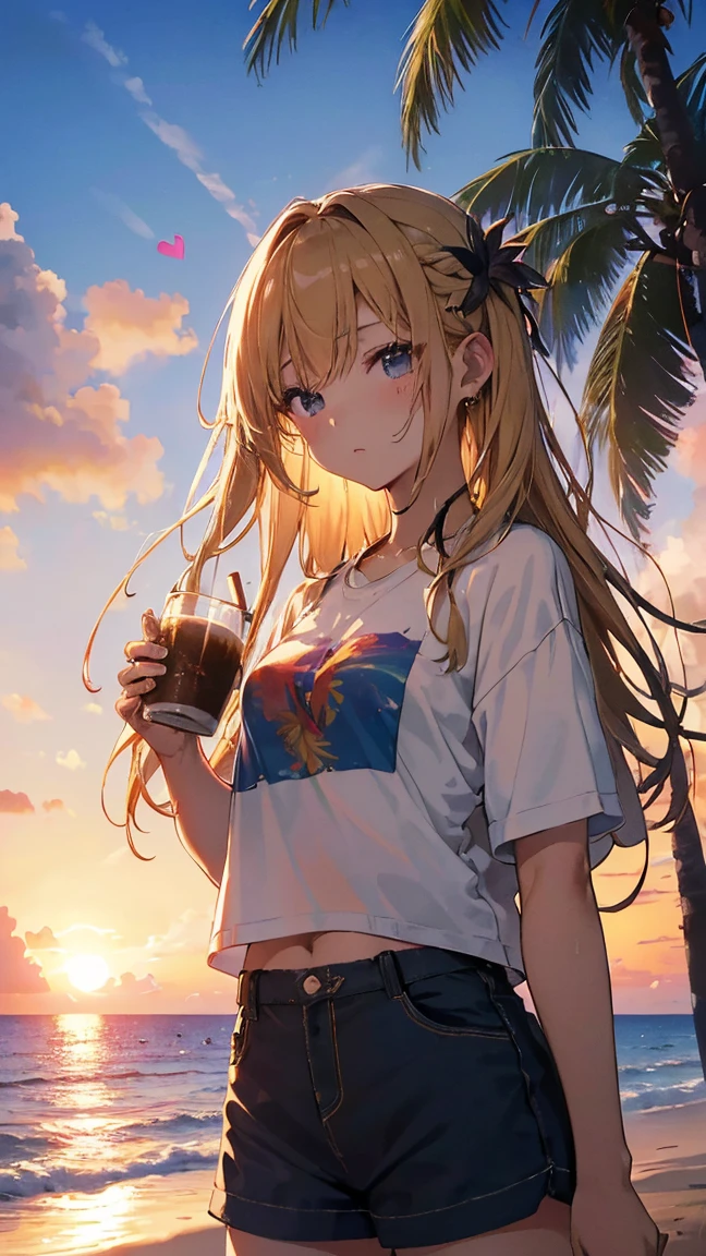 最high quality、Best image quality、masterpiece、Teenage Girl((18-year-old、 By becoming、Best Bust、Medium Bust,Drink tea with your chest held high、black eye, Blonde、Habitual hairstyle、Long Hair、thin,Highest valley、Blue shorts、Attractive face、Heart Tattoo、Black Aloha Shirt、sweating、like、Sleeping on the ground、Hair blowing in the wind)),high quality、Beautiful art、background((Hawaii、Waikiki、Palm tree、Beach、sunset))flying debris、Written boundary depth、movie、Visual Arts、Perfect art、8k,Genuine