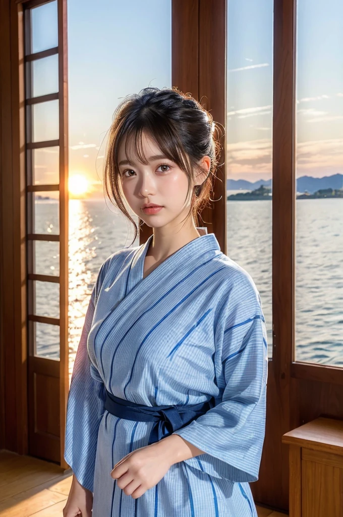 (natta:1.7), East Asian Architecture, 1womanl,Sitting on tatami mats, brunette color hair,(hair between eye), Lip flap, ,Beautiful fingers,Beautiful long legs,Beauty Body,Cute nose,Beautiful character design,perfect eyes,face perfect,looking at viewert,(Innocent_Big_Eyes:1.0),(light_Smile:0.3),offcial art,Very detailed CG Unity 8K wallpaper,Perfect litthing,highly colorful,Bright_front_Face_Lighting,(tmasterpiece:1.0),(best_quality:1.0), 超A high resolution,4K,ultra - detailed, photography of, 8K, nffsw, hight resolution, absurderes:1.2, Kodak Portra 400, film grains, the background is blurred, Bokeh:1.2, Lens Flare Glow, ( Vibrant_Color:1.2) (Beautiful,Large_breasts:1.4), (Beautiful_Face:1.5),(narrow_waist-up),8K,Raw photo, 、Relax at a ryokan in Japan、The background is the open-air bath at night at a hot spring inn (Girls are not subjects:1.3) (Hair after a bath:1.3),(Hair is wet:1.3) ((Girls are not subjects:1.2))((Draw a wide night background:1.2),((Yukata with light blue stripes isolated on white background:1.3)),(Yukata does not need gloss at all:1.5)),((No need for a Korean yukata or Korean-style hairstyle.:1.5)),((Faithfully and realistically reproduce a pure Japan yukata:1.5))((Light Pink Band:1.3)),((The background is the entrance living room、At night, Overlooking the inn's large and beautiful gardens..:1.3)),((8th class))、((Light Pink Band:1.5)) ((Beautiful shiny straight short long:1.5)) sixteen years old、((Beautiful shiny straight short long:1.5))((Pink Band))、((The color of the band is pink:1.3),(Faithfully and realistically reproduce the obi of a yukata:1.3) ((Faithfully and realistically reproduce a pure Japan yukata:1.5)),((Walking through the corridors of the inn at night:1.3))a sense of depth、Night Hostel There are small lights and flowers in the hallway. (When you open a window, You can see a beautiful sunset outside.:1.3)