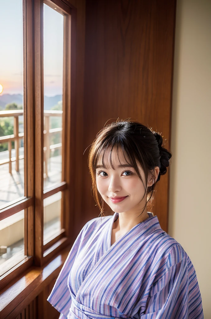 (natta:1.7), East Asian Architecture, 1womanl,Sitting on tatami mats, brunette color hair，（hair between eye）, Lip flap, ,Beautiful fingers,Beautiful long legs,Beauty Body，Cute nose，Beautiful character design，perfect  eyes，face perfect，looking at viewert，（Innocent_Big_Eyes：1.0），（light_Smile：0.3），offcial art，Very detailed CG Unity 8K wallpaper，Perfect litthing，highly colorful，Bright_front_Face_Lighting，（tmasterpiece:1.0),(best_quality:1.0), 超A high resolution,4K,ultra - detailed, photography of, 8K, nffsw, hight resolution, absurderes:1.2, Kodak Portra 400, film grains, the background is blurred, Bokeh:1.2, Lens Flare Glow, ( Vibrant_Color:1.2) (Beautiful,Large_breasts:1.4), (Beautiful_Face:1.5),(narrow_waist-up),8K,Raw photo, 、Relax at a ryokan in Japan、The background is the open-air bath at night at a hot spring inn (Girls are not subjects:1.3) (Hair after a bath:1.3),(Hair is wet:1.3) ((Girls are not subjects:1.2))((Draw a wide night background:1.2),((Yukata with light blue stripes isolated on white background:1.3)),(Yukata does not need gloss at all:1.5)),((No need for a Korean yukata or Korean-style hairstyle.:1.5)),((Faithfully and realistically reproduce a pure Japan yukata:1.5))((Light Pink Band:1.3)),((The background is the entrance living room、At night, Overlooking the inn's large and beautiful gardens..:1.3)),((8th class))、((Light Pink Band:1.5)) ((Beautiful shiny straight short long:1.5)) sixteen years old、((Beautiful shiny straight short long:1.5))((Pink Band))、((The color of the band is pink:1.3),(Faithfully and realistically reproduce the obi of a yukata:1.3) ((Faithfully and realistically reproduce a pure Japan yukata:1.5)),((Walking through the corridors of the inn at night:1.3))a sense of depth、Night Hostel　There are small lights and flowers in the hallway. (When you open a window, You can see a beautiful sunset outside.:1.3)