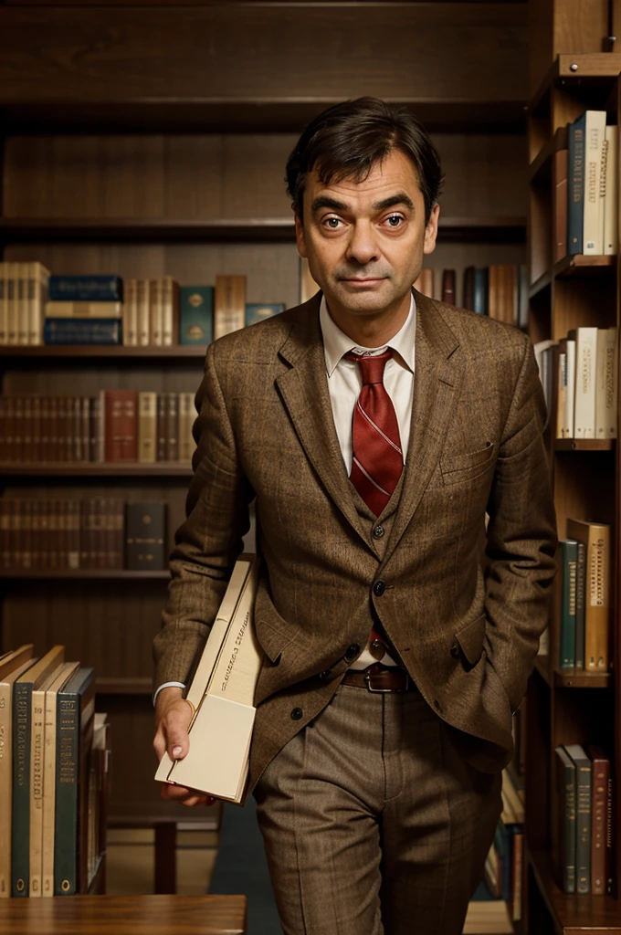 Create a hyper-realistic image of Mr. Bean entering the library, looking around curiously. He is wearing his brown tweed jacket, white shirt, and red tie. The background should include rows of bookshelves, study tables with students, and a librarian's desk, all in a well-lit and quiet setting.