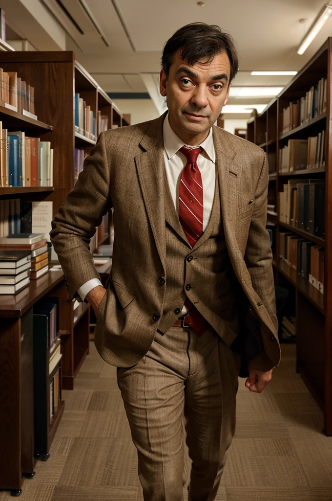 Create a hyper-realistic image of Mr. Bean entering the library, looking around curiously. He is wearing his brown tweed jacket, white shirt, and red tie. The background should include rows of bookshelves, study tables with students, and a librarian's desk, all in a well-lit and quiet setting.