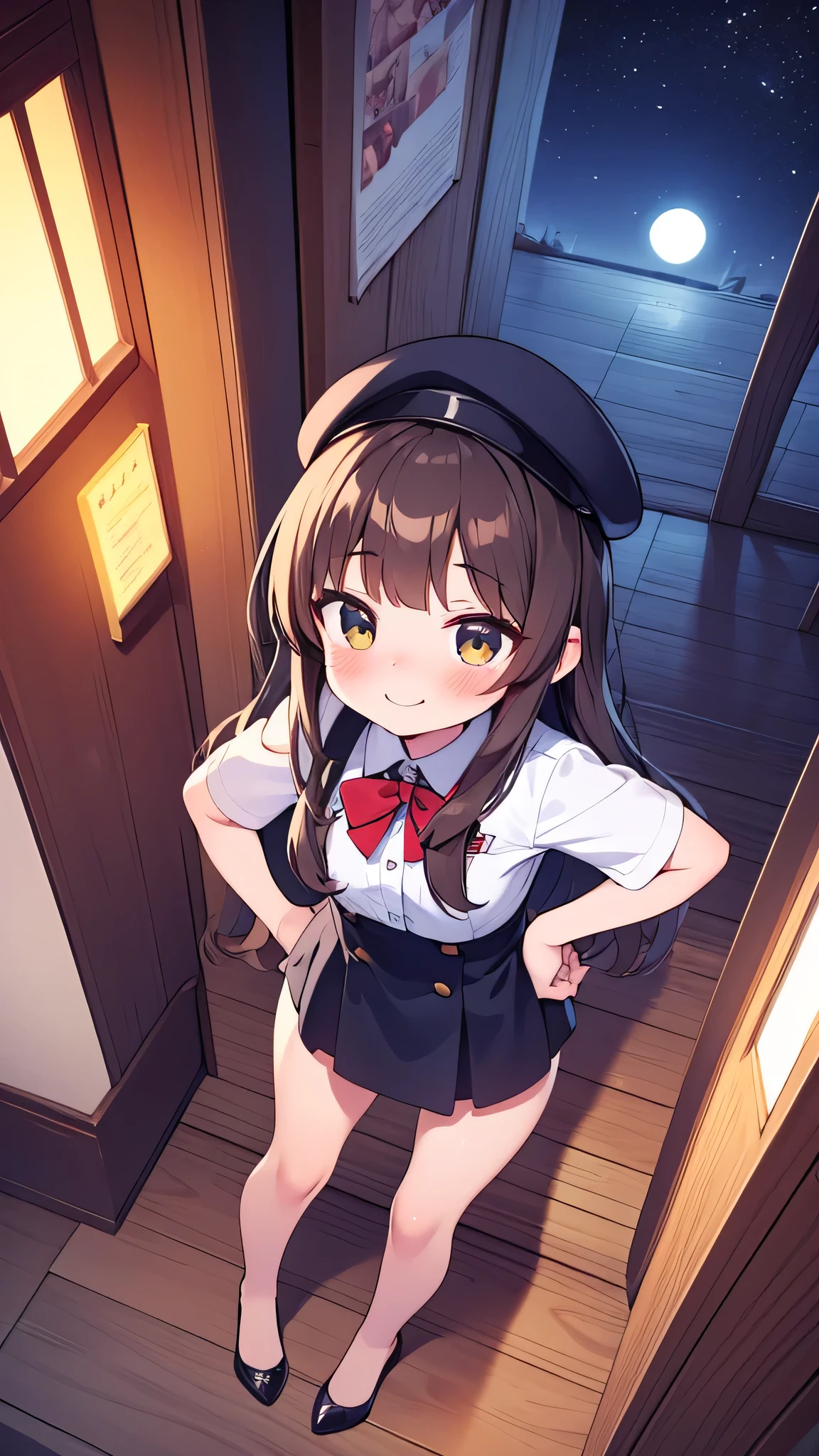 {Highest quality}, {Super beautiful},{Ultra fine},{Best illustration},Brown Hair,Hime cut,semi-long,Bangs,Slouching Woman,Uniform cap,White Shirt,Short sleeve,Long black skirt,Night Park,Embarrassed,smilingly,Blushing,Slender women, A woman wearing plain black pumps,Bare feet and pumps,From an angle,From above,Place hands on hips,
