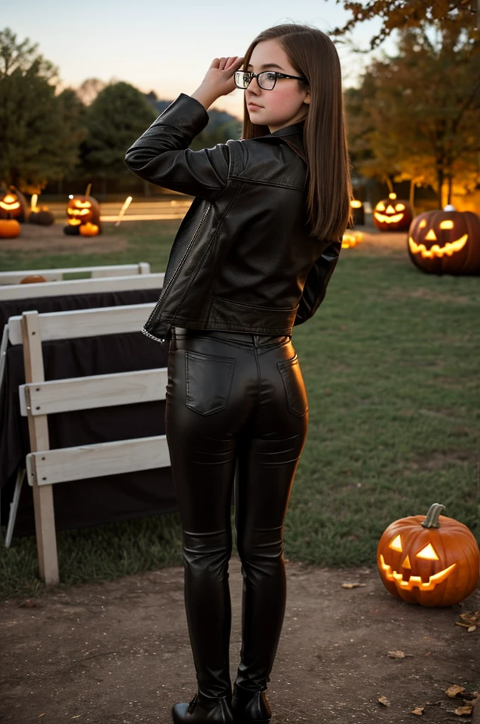 teenager girl, pale, wearing glasses brown shoulder length brown straight hair, black leather jacket, black leather leggings, black heels, halloween night on the hayride low angle backside view