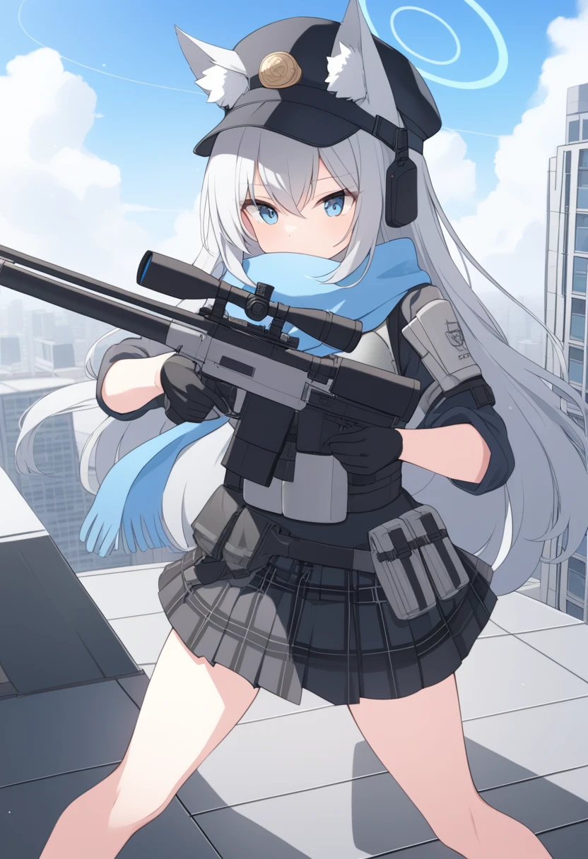 girl，Silver long hair, blue eyes, Wear body armor,Wearing a black mask，A sky blue scarf, Black gloves, And black plaid skirt, On the rooftop of a high-rise building，blue halo，Black Hat，Gray wolf ears，Holding a Sniper rifle and aiming，With tactical headsets，Get Down