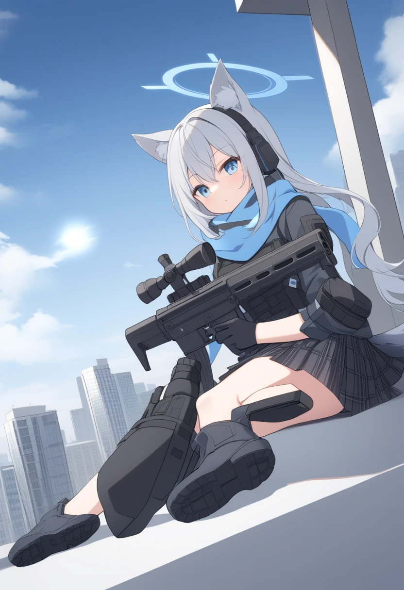 girl，Silver long hair, blue eyes, Wear body armor,Wearing a black mask，A sky blue scarf, Black gloves, And black plaid skirt, On the rooftop of a high-rise building，blue halo，Black Hat，Gray wolf ears，Holding a Sniper rifle and aiming，With tactical headsets，Get Down