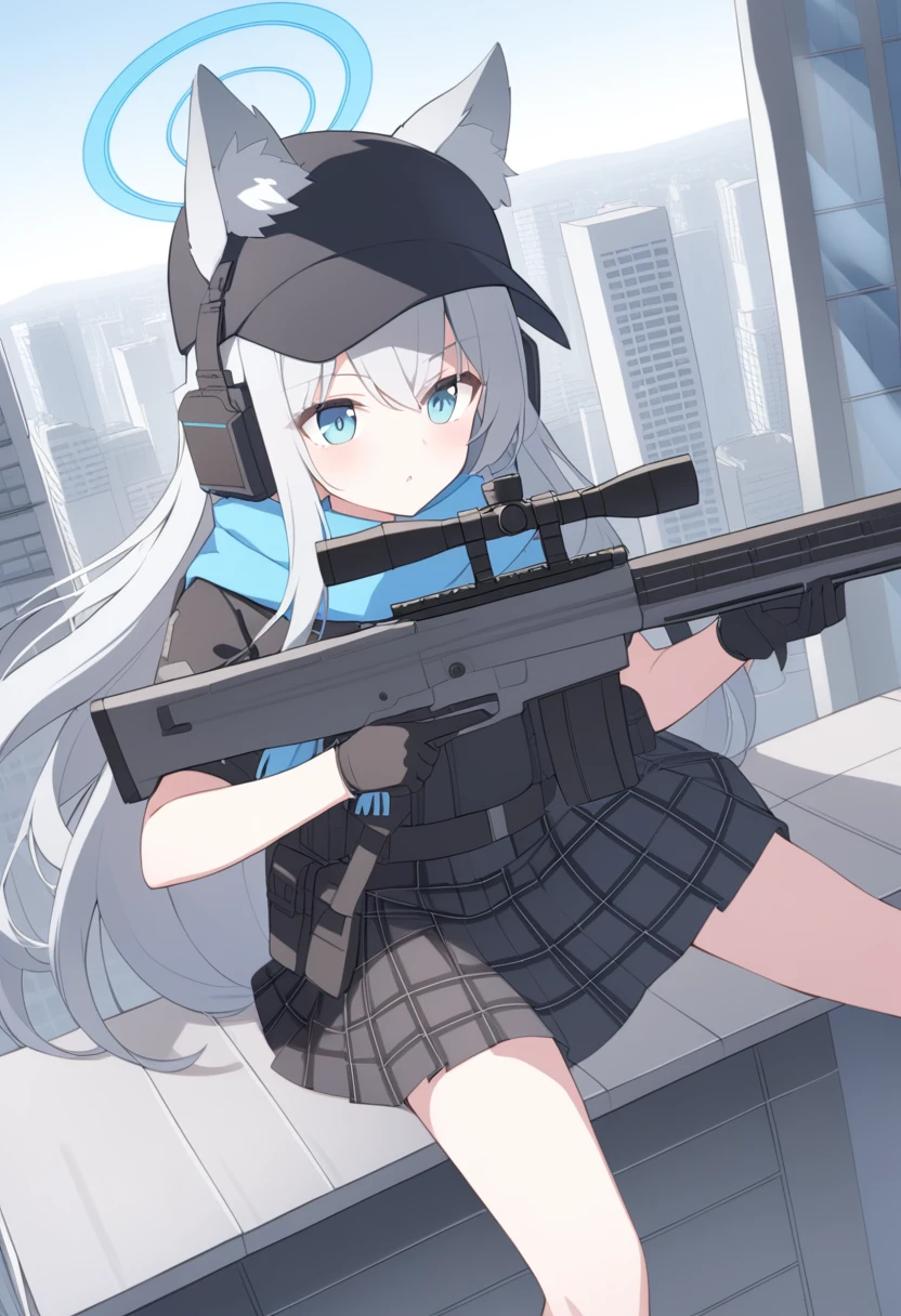 girl，Silver long hair, blue eyes, Wear body armor,Wearing a black mask，A sky blue scarf, Black gloves, And black plaid skirt, On the rooftop of a high-rise building，blue halo，Black Hat，Gray wolf ears，Holding a Sniper rifle and aiming，With tactical headsets，Get Down