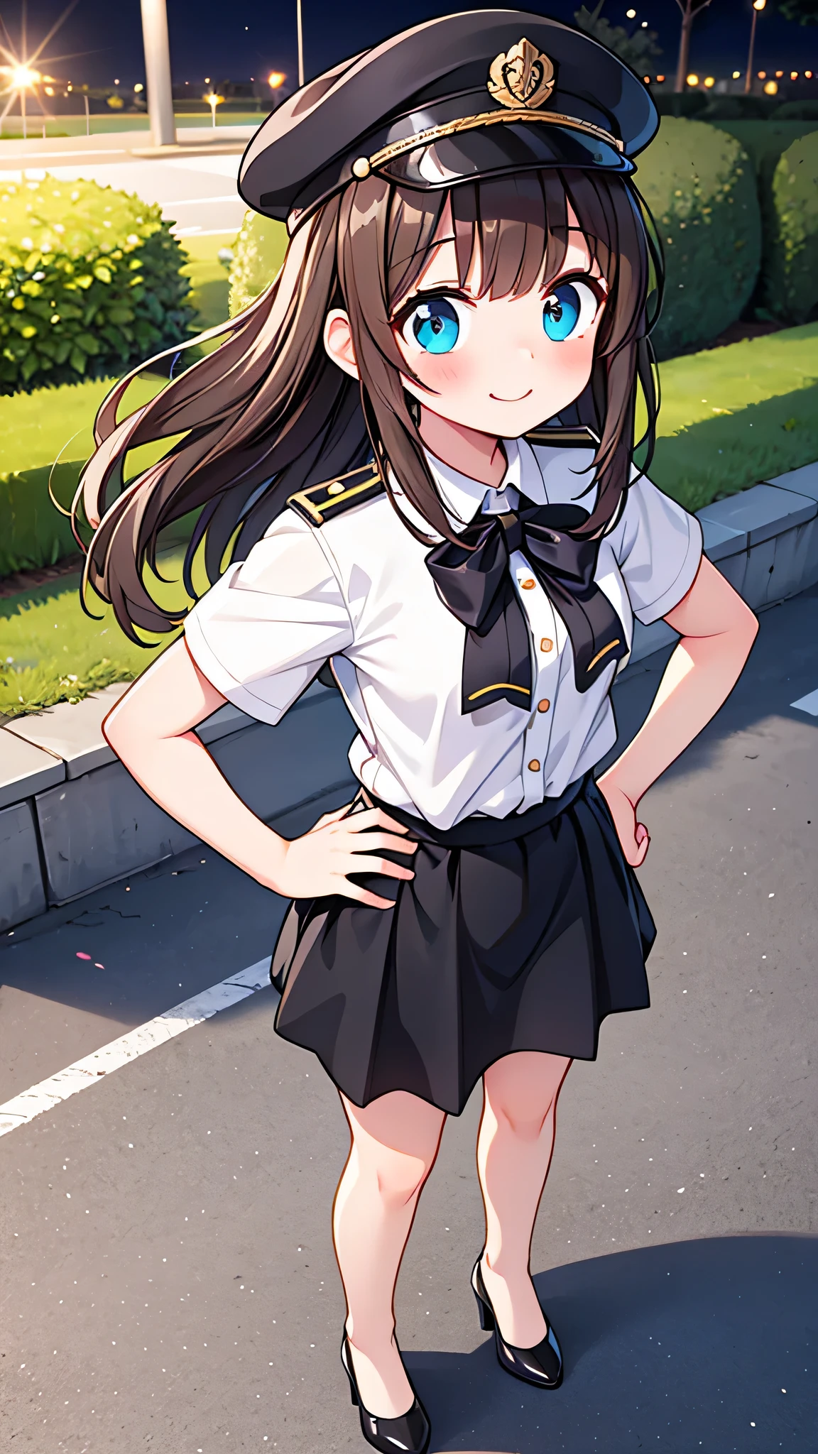 {Highest quality}, {Super beautiful},{Ultra fine},{Best illustration},Brown Hair,Hime cut,semi-long,Bangs,Slouching Woman,Uniform cap,White Shirt,Short sleeve,Long black skirt,Night Park,Embarrassed,smilingly,Blushing,Slender women, A woman wearing plain black pumps,Bare feet and pumps,From an angle,From above,Place hands on hips,