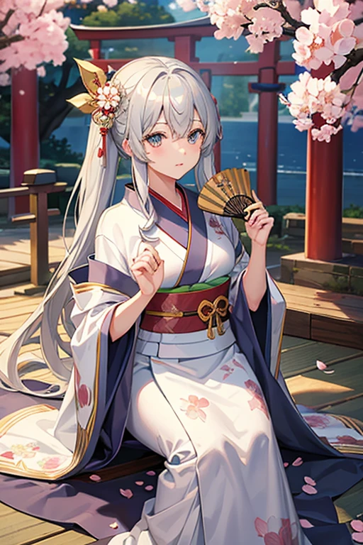 masterpiece, Highest quality, High resolution,Follow the on-screen instructions、Anime Style、Follow the prompts、One Girl、Long silver hair、floral pattern kimono、Shrine torii gate and cherry blossom tree in the background、Holding a fan