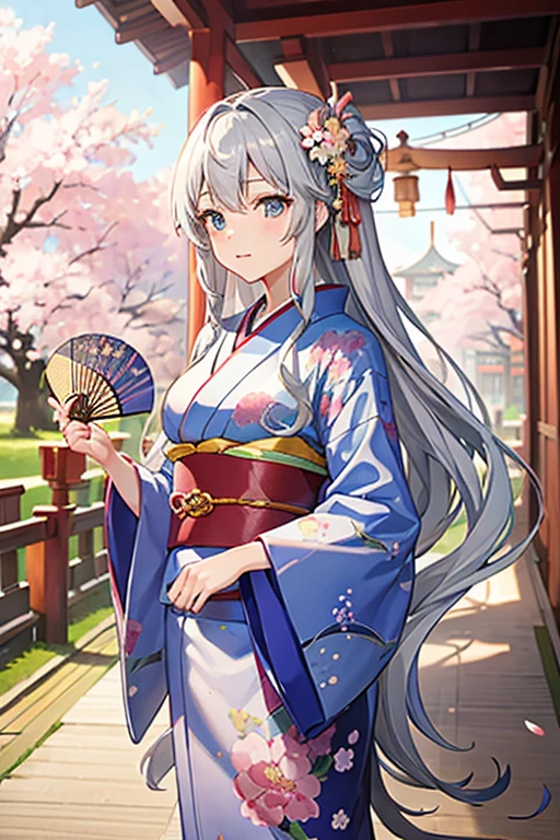masterpiece, Highest quality, High resolution，Follow the on-screen instructions、Anime Style、Follow the prompts、One Girl、Long silver hair、floral pattern kimono、Shrine torii gate and cherry blossom tree in the background、Holding a fan