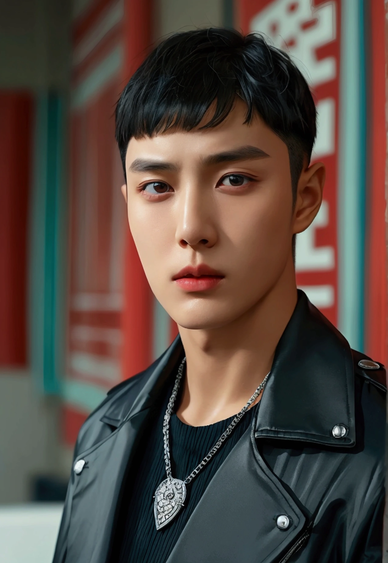 a man, Korean type, black jacket, navy pants, silver necklace, black hair, bowl cut, brown eyes, medium long hair, bad boy