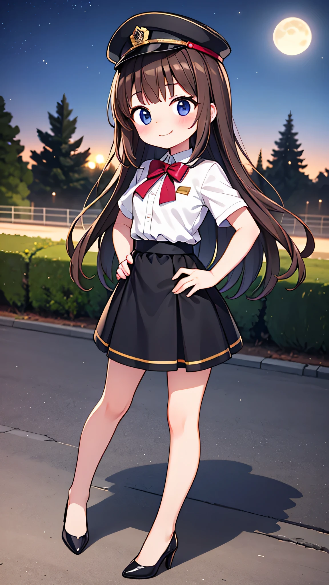 {Highest quality}, {Super beautiful},{Ultra fine},{Best illustration},Brown Hair,Hime cut,semi-long,Bangs,Slouching Woman,Uniform cap,White Shirt,Short sleeve,Long black skirt,Night Park,Embarrassed,smilingly,Blushing,Slender women, A woman wearing plain black pumps,Bare feet and pumps,From an angle,From above,Place hands on hips,