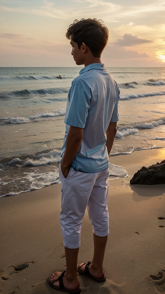 a boy in the beach, wearing a fashion clothes and his back are on teh view point, watching the sunset