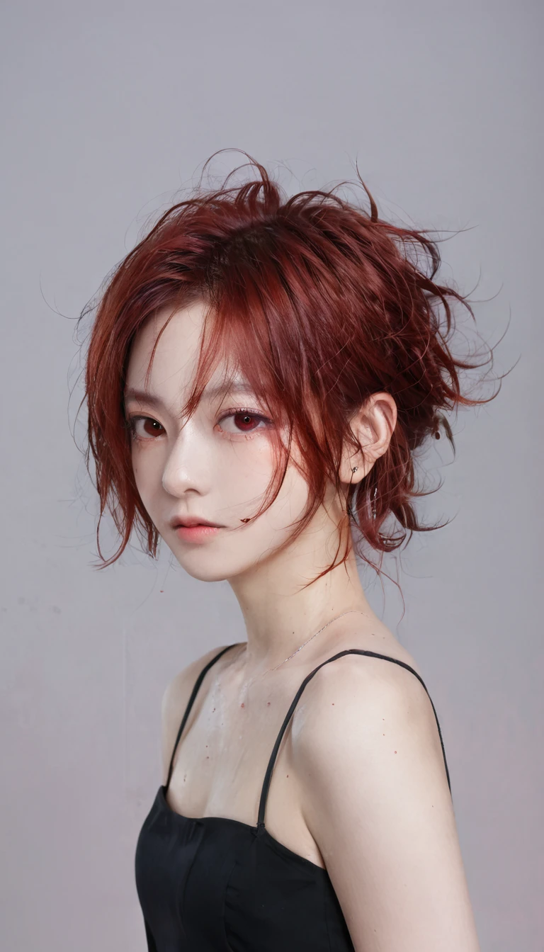 (((1 Girl))), ((((Solitary)))), ((Messy Hairstyle)), standing photo take, (((Red hair)), Red Eyes, Soft top