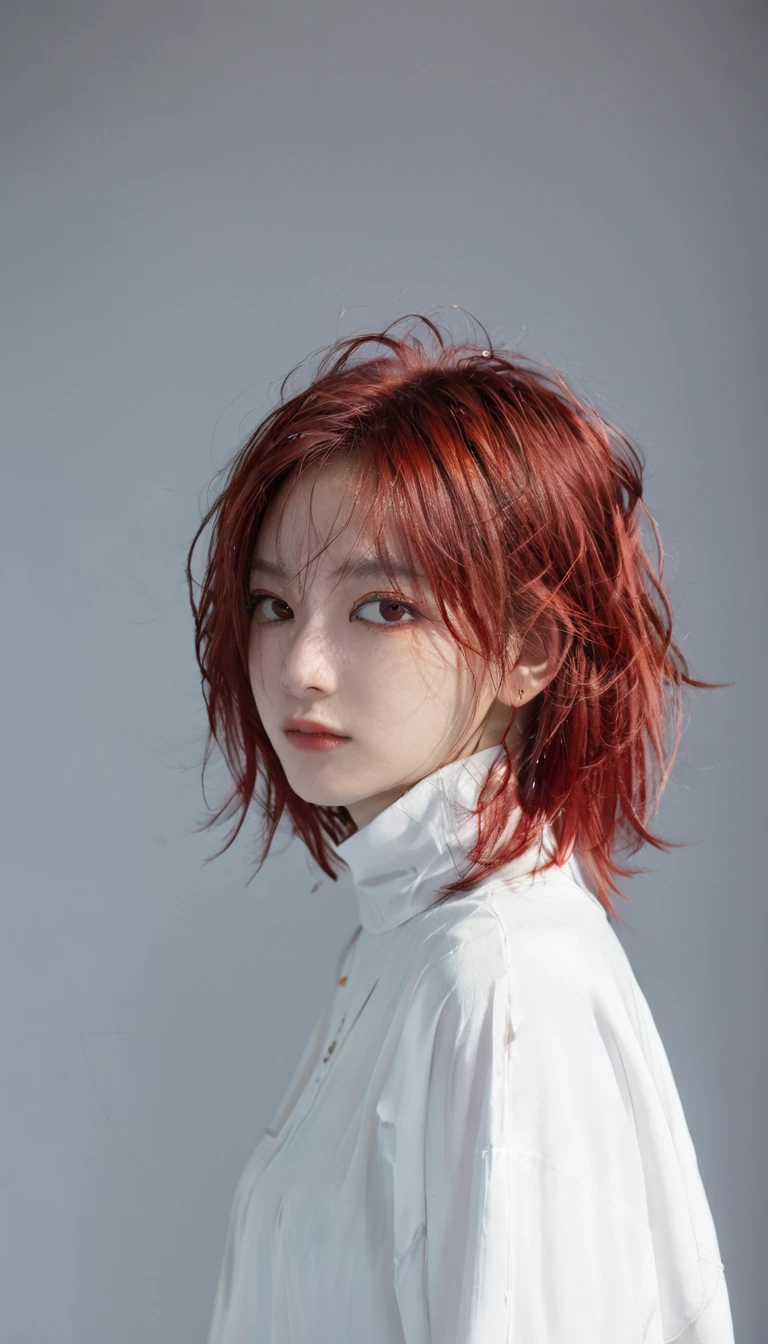 (((1 Girl))), ((((Solitary)))), ((Messy Hairstyle)), standing photo take, (((Red hair)), Red Eyes, Soft top
