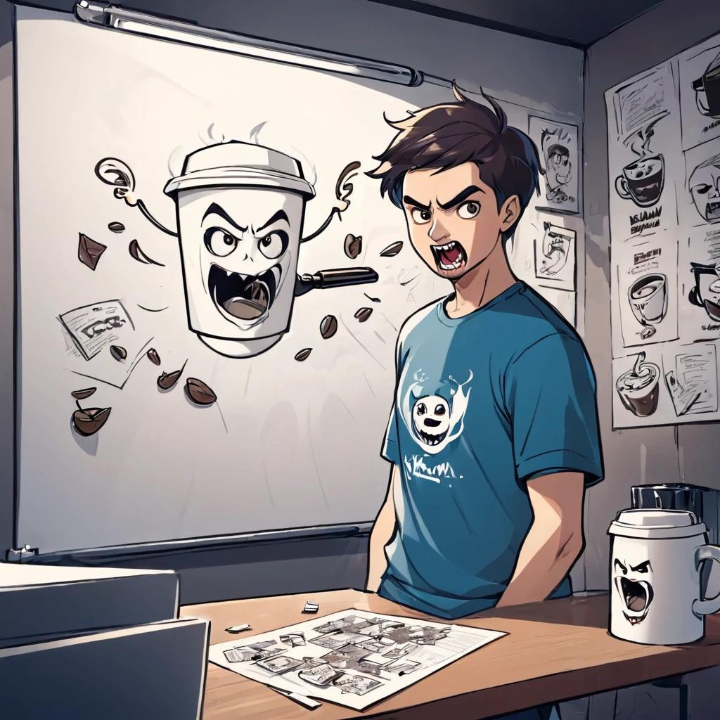 a guy with tshirt has logo Kahwaa , fighting with an evil big cup of coffee , in a funny way , whiteboard with pictures and papers hung on it, evil dark room , there is a scary faces and Puzzles on the wall,