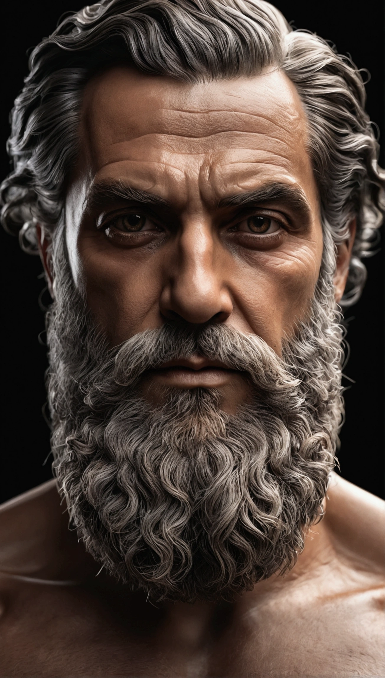 Greek philosophy statue with beard and muscles, cinematographic, 8k, darkness background, Detailed symmetrical realistic face, extremely detailed natural texture, peach fuzz, shorth hair, master part, absurderes, award-winning photo by Lee Jeffries, Nikon D850 Film Stock Photography, Kodak Portra 400 F1 Camera.6 lenses, extremely detaild, incredible, fine-details, rich colors, realistic hyper realistic texture, dramatic lighting, engine unreal, trends on artstation, cinestill 800 tungsten, Looking at Viewer, photo realist, CRU photo , Tanvir Tamim, high qualiy, high resolution, sharp focus, extremely detaild, cinematic lighting, 8k UHD,