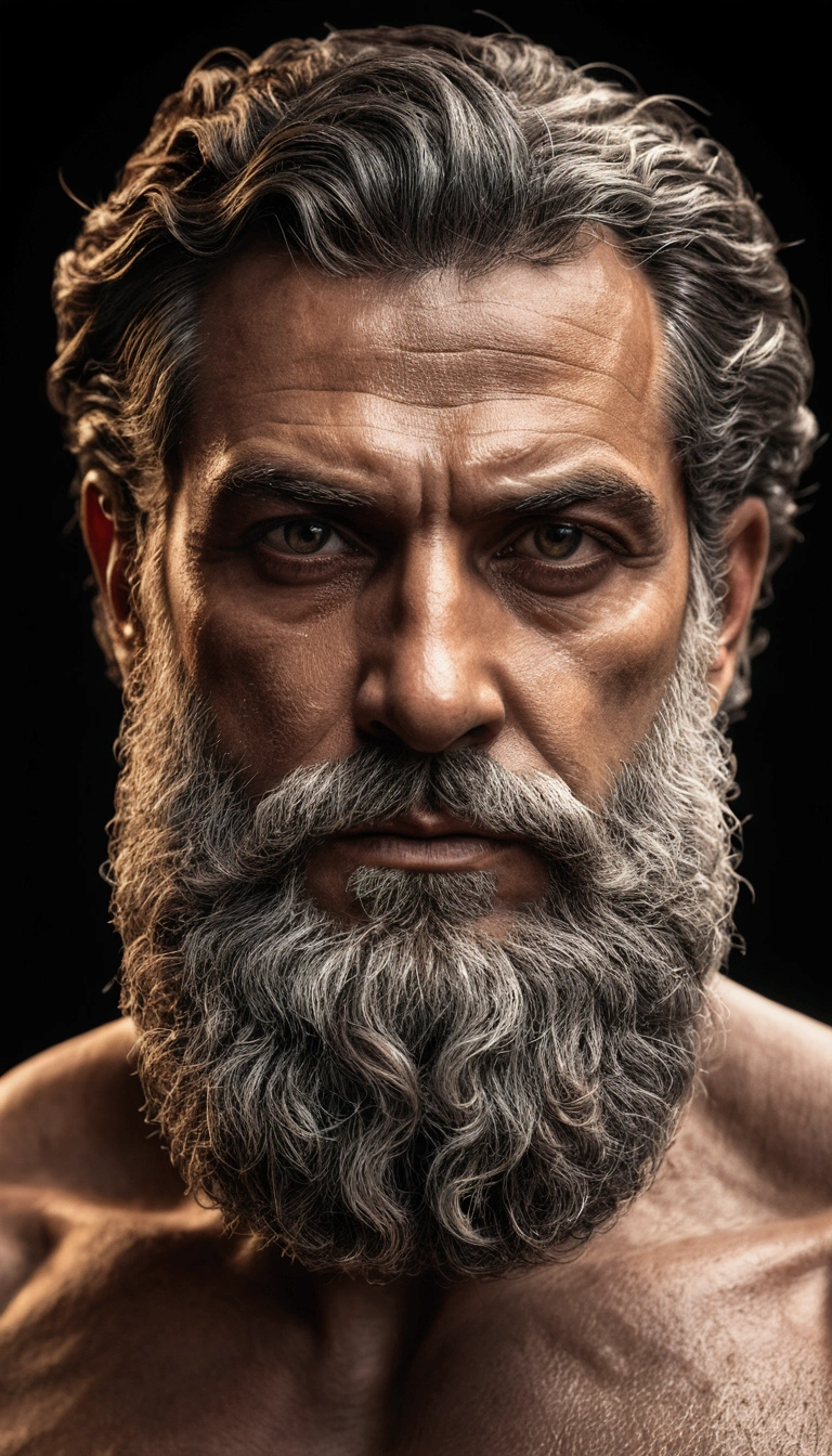 Greek philosophy statue with beard and muscles, cinematographic, 8k, darkness background, Detailed symmetrical realistic face, extremely detailed natural texture, peach fuzz, shorth hair, master part, absurderes, award-winning photo by Lee Jeffries, Nikon D850 Film Stock Photography, Kodak Portra 400 F1 Camera.6 lenses, extremely detaild, incredible, fine-details, rich colors, realistic hyper realistic texture, dramatic lighting, engine unreal, trends on artstation, cinestill 800 tungsten, Looking at Viewer, photo realist, CRU photo , Tanvir Tamim, high qualiy, high resolution, sharp focus, extremely detaild, cinematic lighting, 8k UHD,