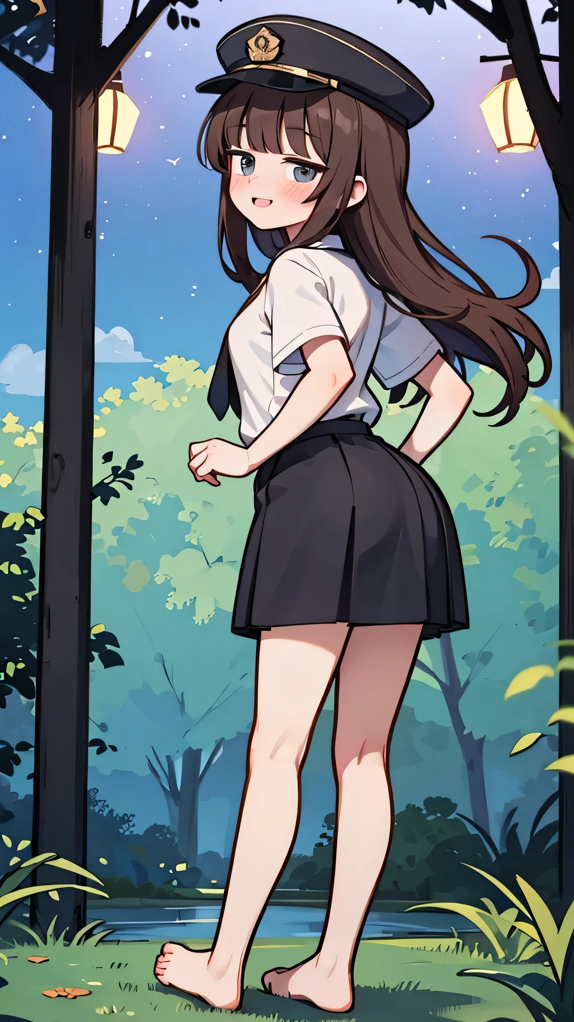 {Highest quality}, {Super beautiful},{Ultra fine},{Best illustration},Brown Hair,Hime cut,semi-long,Bangs,Slouching Woman,Uniform cap,White Shirt,Short sleeve,Long black skirt,Night Park,Embarrassed,smilingly,Blushing,Slender women, A woman wearing plain black pumps,Bare feet and pumps,From an angle,From above,Place hands on hips,