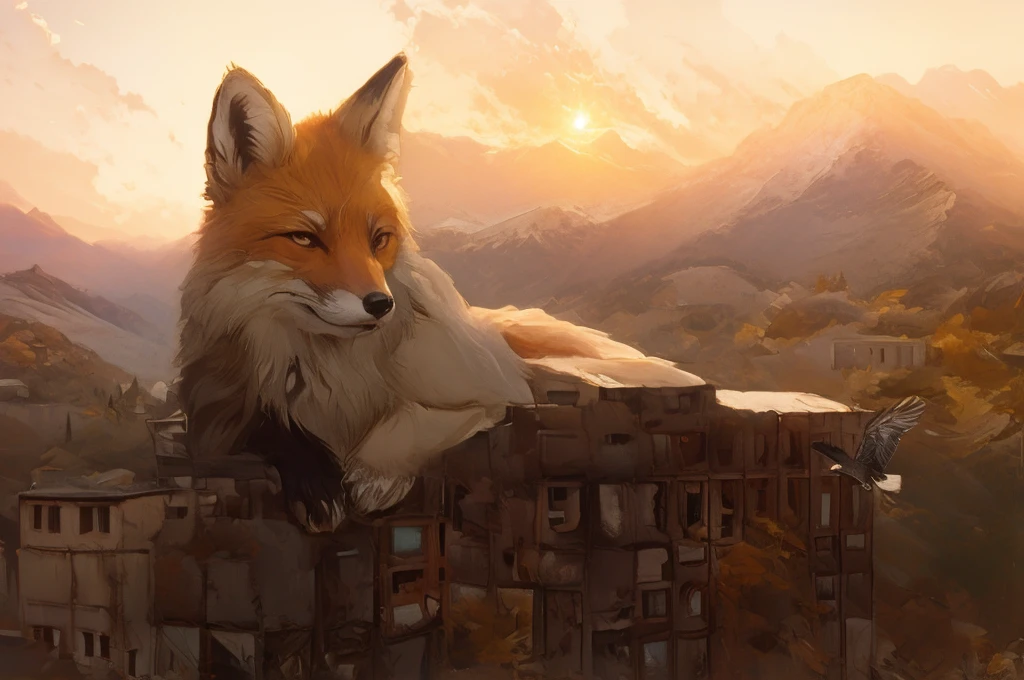 Magic Digital Illustration, surrealism, sunrise, abandoned city in the mountains, autumn, forest grow on the mountains, huge cute spirit fox lying on a building, mountain eagle flying in the foreground, the sun is shining on the right, calm peaceful atmosphere, natural light, magical light, visible brush strokes, (( Artem Chebokha, Devin Elle Kurtz, (Rossdraws style) )), Peter Morbacher style, awarded at artstation, cinematic light