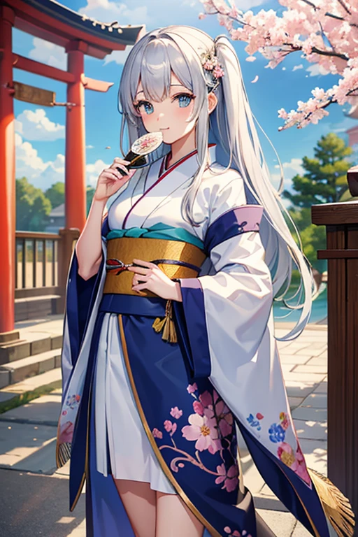 masterpiece, Highest quality, High resolution，Follow the on-screen instructions、Anime Style、Follow the prompts、One Girl、Long silver hair、floral pattern kimono、Shrine torii gate and cherry blossom tree in the background、Holding a fan