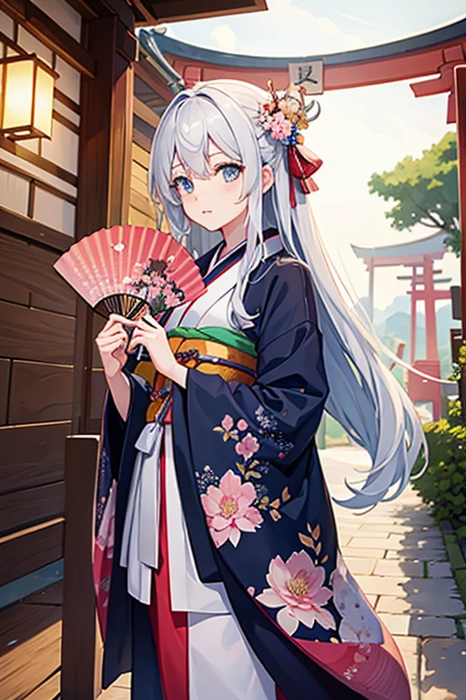 masterpiece, Highest quality, High resolution,Follow the on-screen instructions、Anime Style、Follow the prompts、One Girl、Long silver hair、floral pattern kimono、Shrine torii gate and cherry blossom tree in the background、Holding a fan