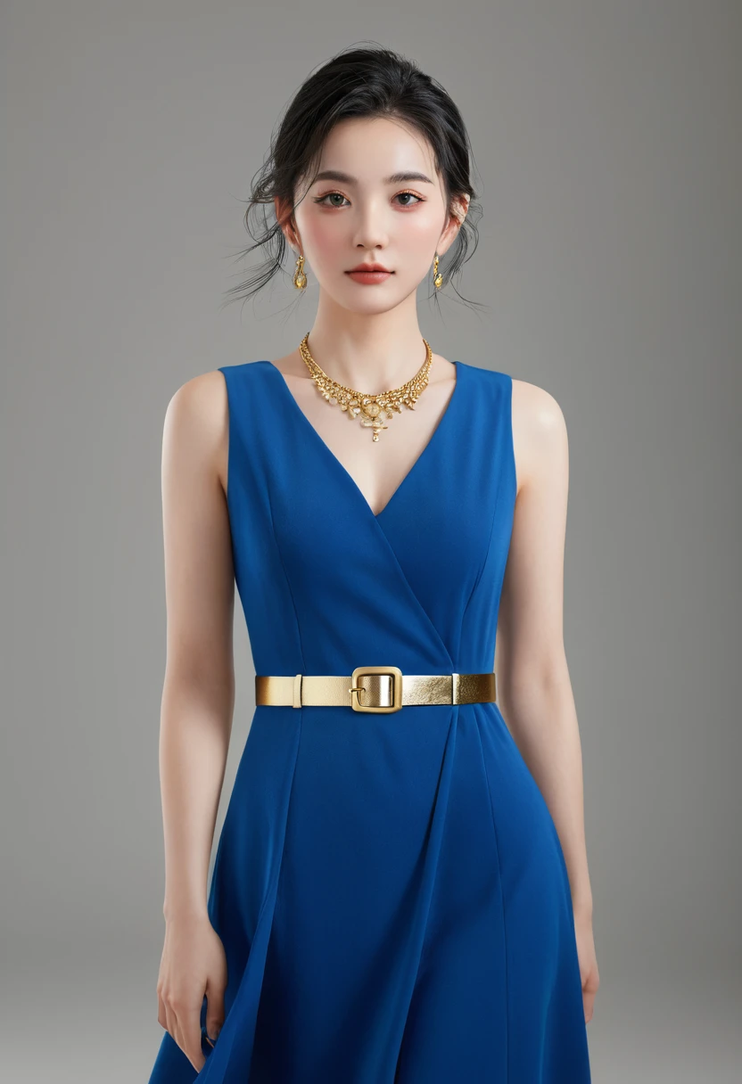 (Masterpiece:1.3), (8K, Photorealistic, Raw photography, Best Quality:1.4), (1girl), Beautiful face, Realistic face, (Detailed face), Beautiful hairstyle, (Detailed hair), Realistic eyes, (Detailed eyes), Beautiful details, Realistic skin, (Detailed skin), Beautiful skin, Attractive, Ultra high definition, A hyper-realistic, Very detailed, (medium breasts:0.5), Japanese beauty, (slim figure), (dark gray gradation background), (a woman in a blue dress and black shoes posing for a picture, inspired by Jakob Emanuel Handmann, rei kawakubo artwork, by Ingrida Kadaka, red and blue garments, nuri iyem, arian mark, sabina klein, sergey krasovskiy, by Jan Rustem, issey miyake), (), high heels, gentle smile, brown hair, (necklaces, earrings, bracelets), (super model figure), cute young Japanese girl, pretty young Japanese girl,
