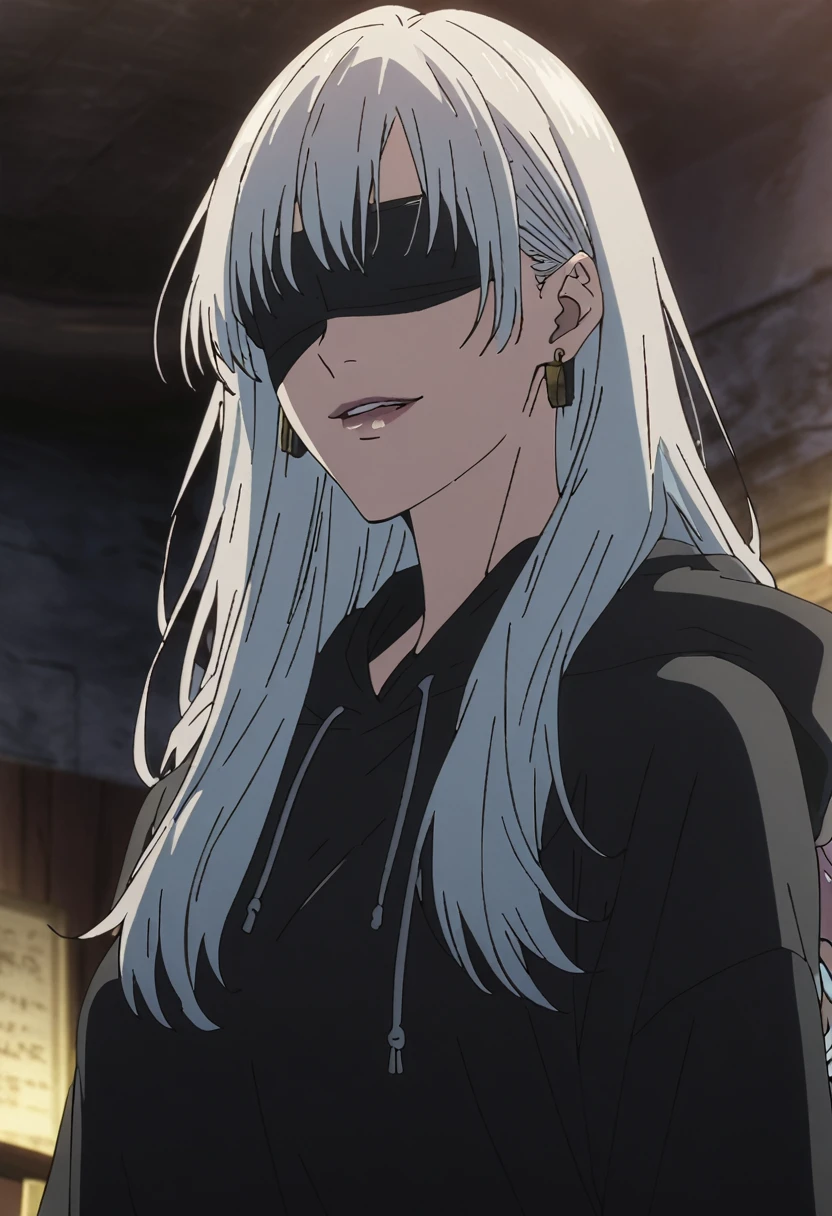 1girl, female gojo satoru, anime screencap from jujutsu kaisen, gojo satoru female version, solo, long_hair, ((wearing black blindfold)) ((White_hair)), night view, (hanging breasts) upper_body, smile, indoors, book, lips, (long hair) ((wearing black colour hoodie )) breast, "very detailed and high resolution" (black blindfold) ((solo)) (((front view))) (earings) ((high resolution)) ((good quality)) ((silky hair))