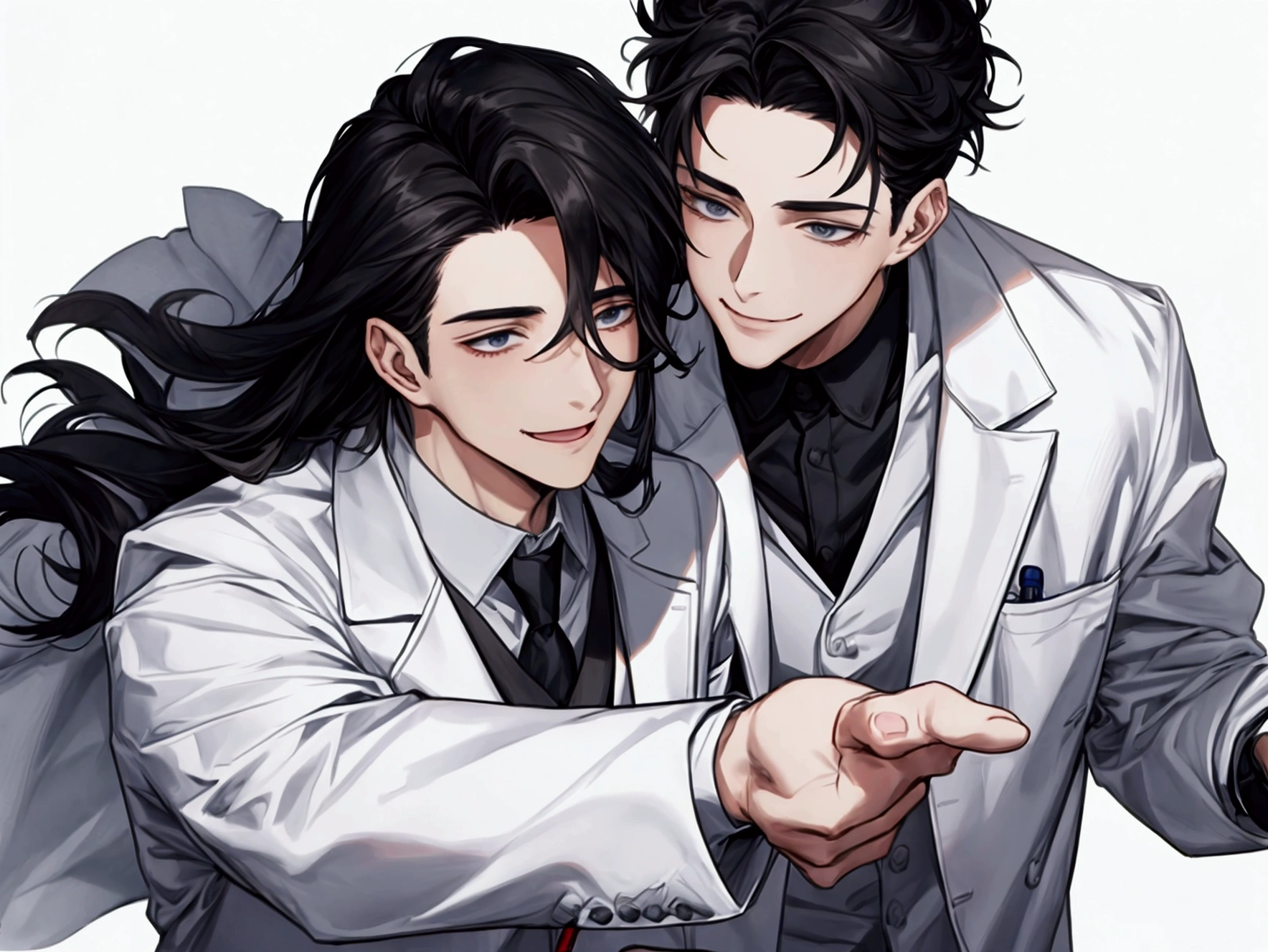 masterpiece,Dynamic Angle,Face close-up,masterpiece,30 year old mature male doctor,Horny,smile,One person、excited,transformation,Black Hair,Slightly longer hair, Scientist,Wear a white coat as a doctor's outfit,(White Undershirt 1.5),In the lab,(The background is the laboratory.),