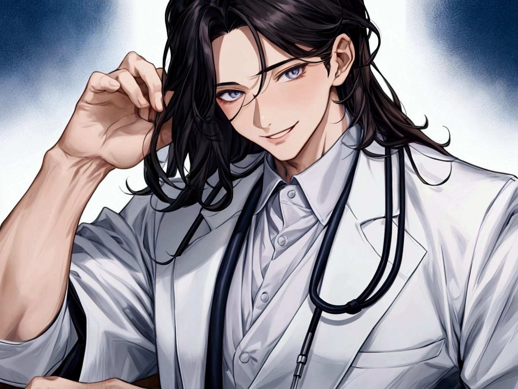 masterpiece,Dynamic Angle,Face close-up,masterpiece,30 year old mature male doctor,Horny,smile,One person、excited,transformation,Black Hair,Slightly longer hair, Scientist,Wear a white coat as a doctor's outfit,(White Undershirt 1.5),In the lab,(The background is the laboratory.),