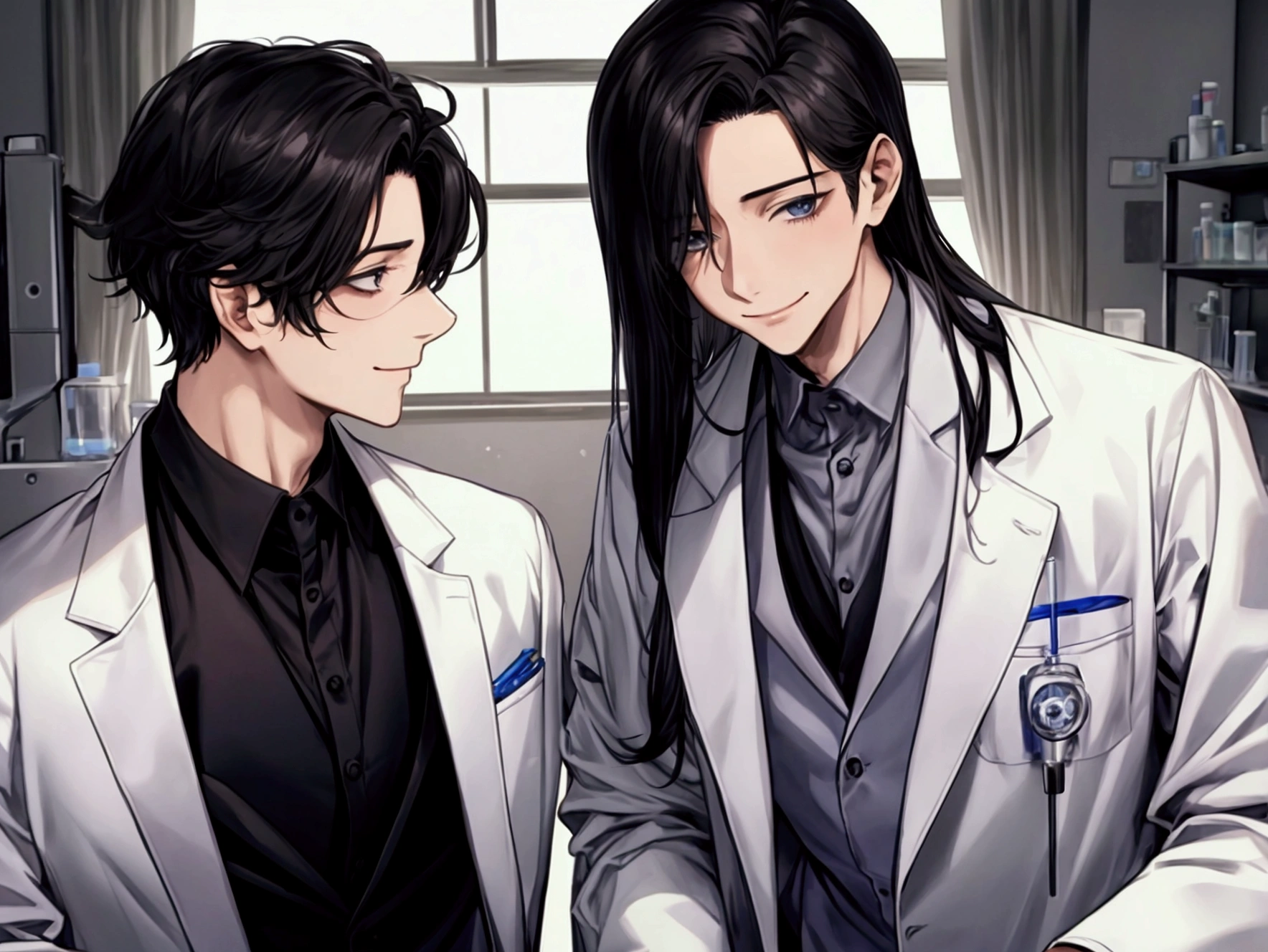 masterpiece,Dynamic Angle,Face close-up,masterpiece,30 year old mature male doctor,Horny,smile,One person、excited,transformation,Black Hair,Slightly longer hair, Scientist,Wear a white coat as a doctor's outfit,(White Undershirt 1.5),In the lab,(The background is the laboratory.),