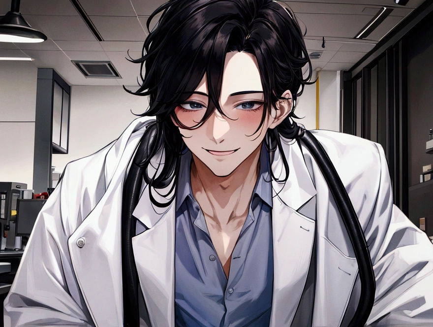 masterpiece,Dynamic Angle,Face close-up,masterpiece,30 year old mature male doctor，Horny,smile,One person、excited,transformation,Black Hair,Slightly longer hair, Scientist,Wear a white coat as a doctor&#39;s outfit，（White Undershirt 1.5）,In the lab,(The background is the laboratory.),