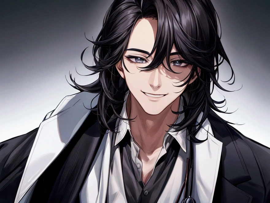 masterpiece,Dynamic Angle,Face close-up,masterpiece,30 year old mature male doctor，Horny,smile,One person、excited,transformation,Black Hair,Slightly longer hair, Scientist,Wear a white coat as a doctor&#39;s outfit，（White Undershirt 1.5）,In the lab,(The background is the laboratory.),