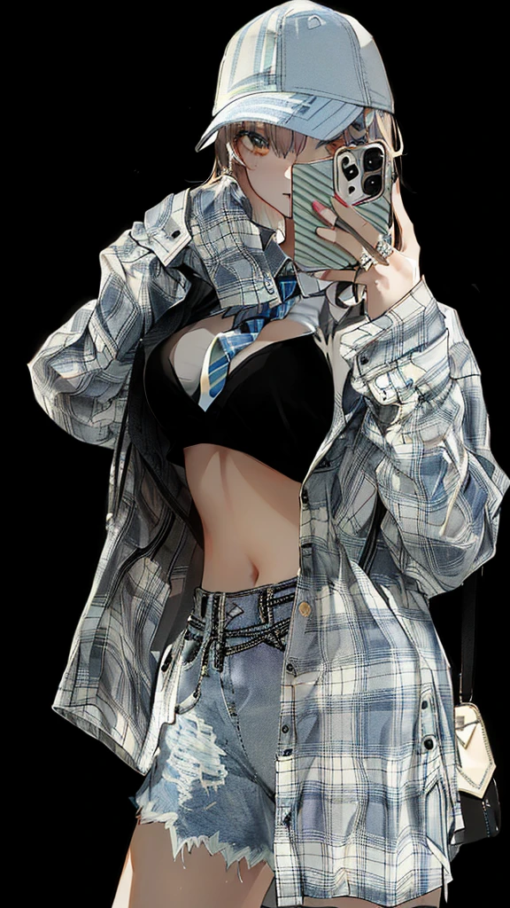 taking selfies with their mobile phone, flannel, 2 5-year-old female model, plaid shirt, Wearing a shirt, wearing a flannel shirt, Revealing clothes, wearing a plaid shirt, wearing plaid shirt, Revealing clothing, Cardigan, Tie-Dye Shirt, On clothes! Very detailed，Denim shorts