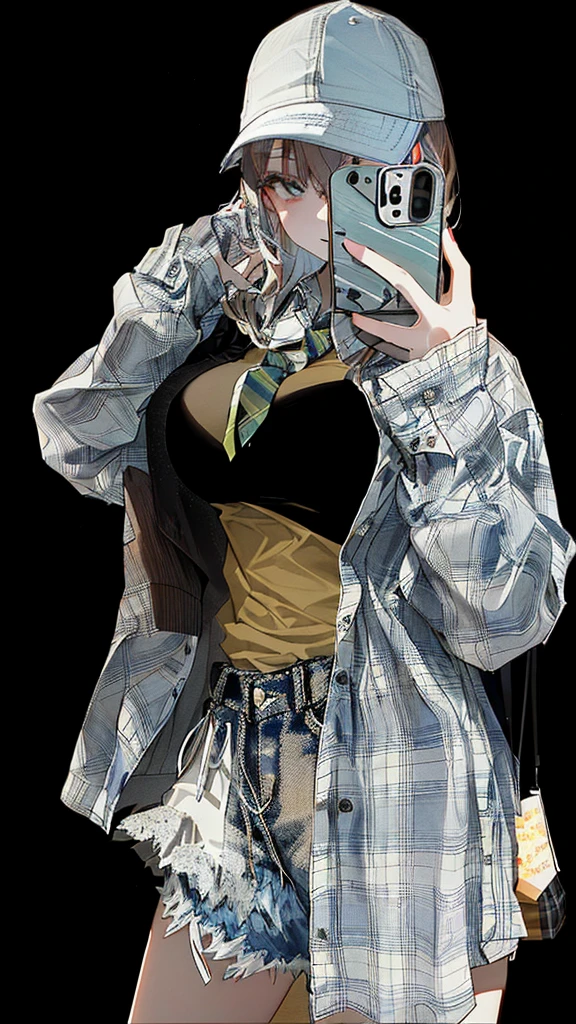 taking selfies with their mobile phone, flannel, 2 5--old ale model, plaid shirt, Wearing a shirt, wearing a flannel shirt, Revealing clothes, wearing a plaid shirt, wearing plaid shirt, Revealing clothing, Cardigan, Tie-Dye Shirt, On clothes! Very detailed，Denim shorts