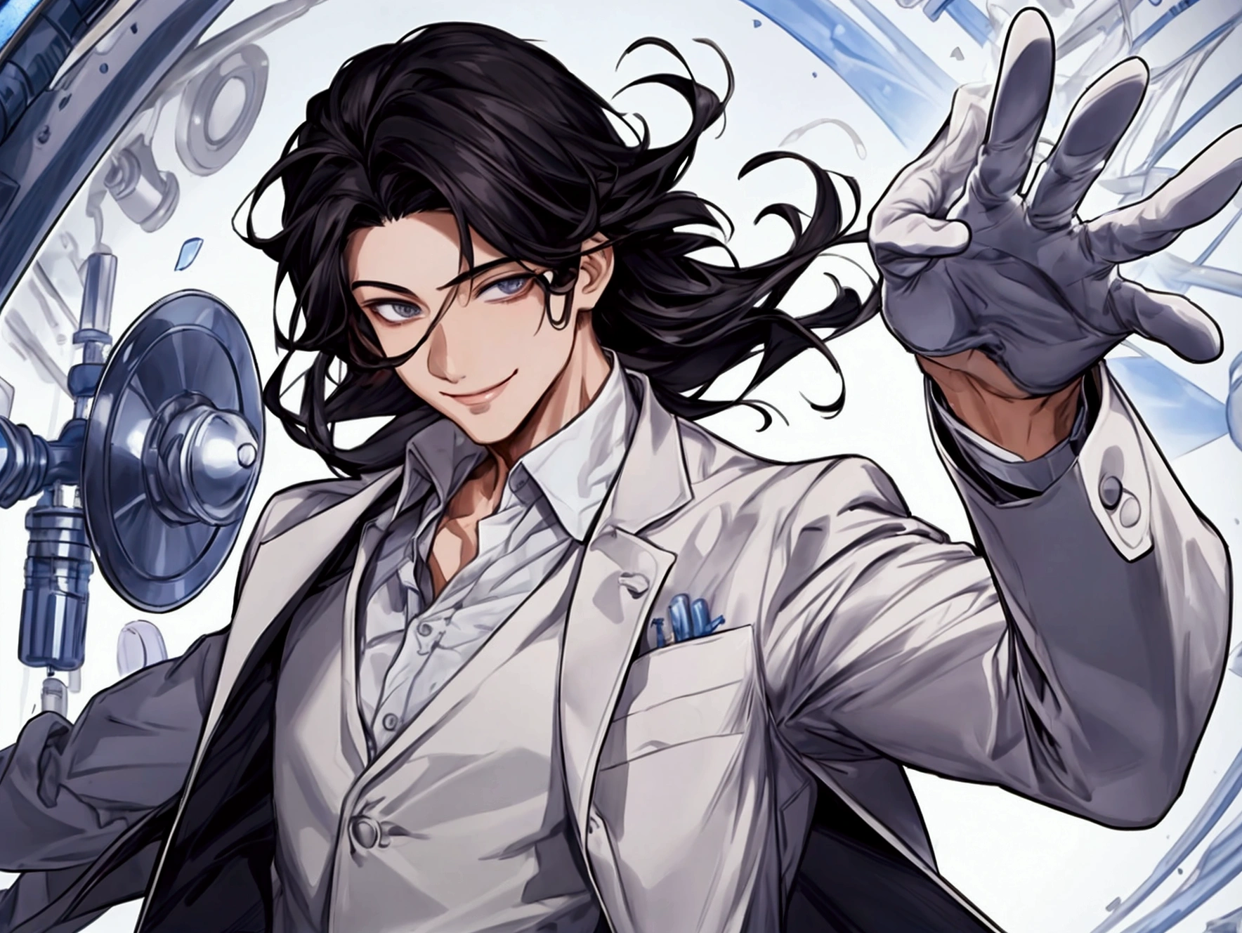 masterpiece,Dynamic Angle,Face close-up,masterpiece,30 year old mature male doctor，Horny,smile,One person、excited,transformation,Black Hair,Slightly longer hair, Scientist,Wear a white coat as a doctor&#39;s outfit，（White Undershirt 1.5）,In the lab,(The background is the laboratory.),