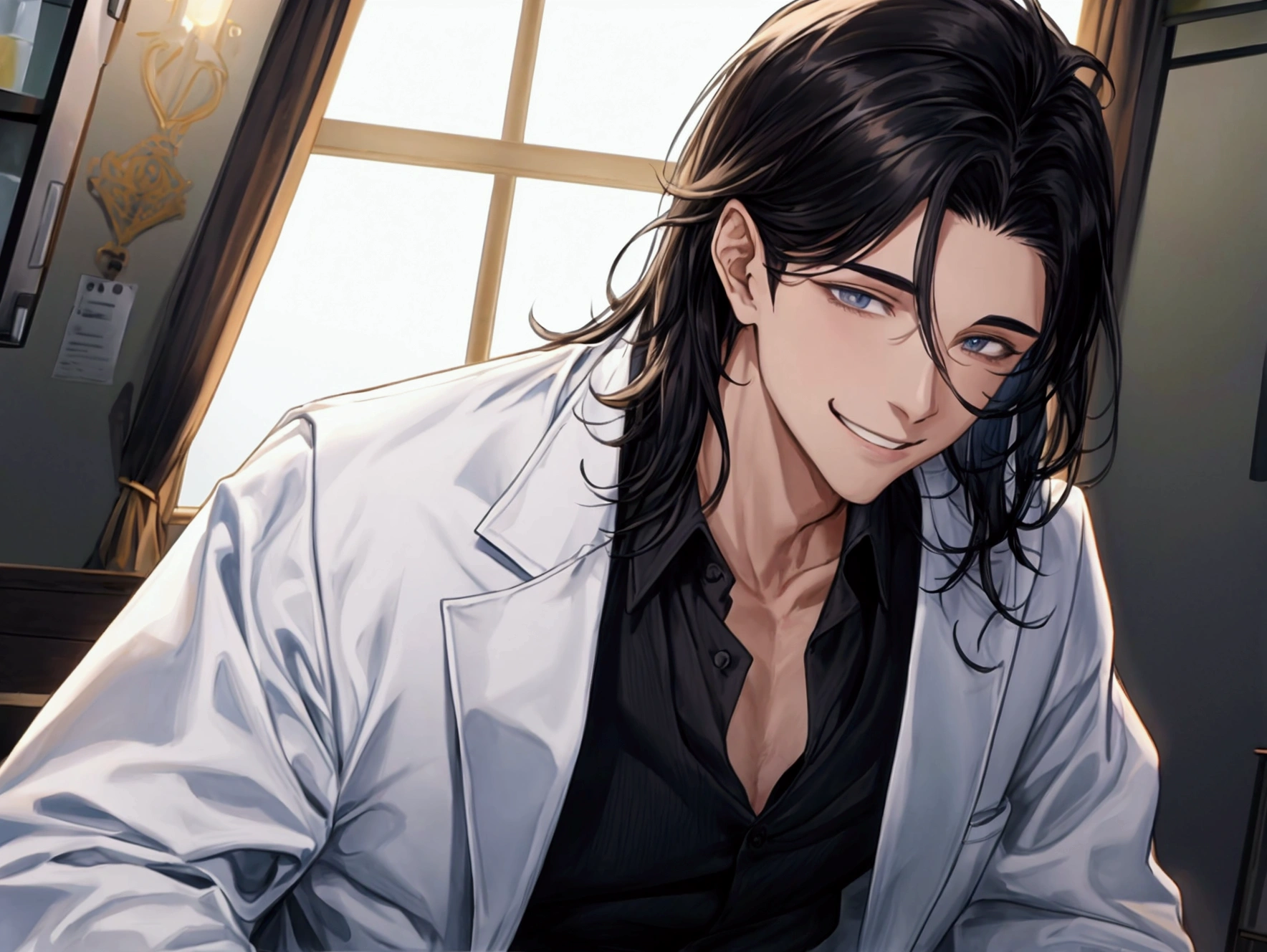 masterpiece,Dynamic Angle,Face close-up,masterpiece,30 year old mature male doctor,Horny,smile,One person、excited,transformation,Black Hair,Slightly longer hair, Scientist,Wear a white coat as a doctor's outfit,(White Undershirt 1.5),In the lab,(The background is the laboratory.),